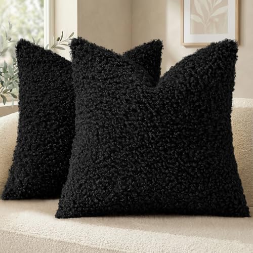 decorUhome Sherpa Decorative Throw Pillow Covers 24x24 Set of 2 Black by decorUhome