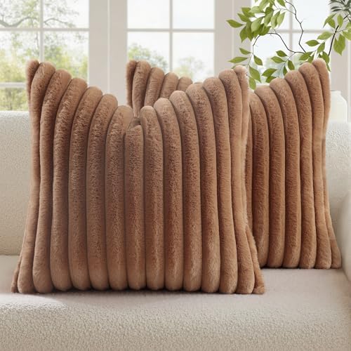 decorUhome Fall Faux Fur Throw Pillow Covers 18x18 Set of 2 Brown by decorUhome