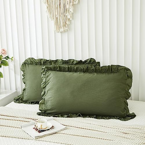 Olive Green Pillow Shams Dark Green Ruffle Queen Pillowcases Cute Pillow Cover - Image 6