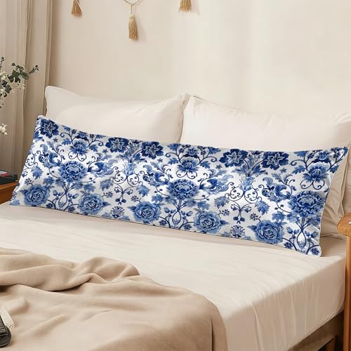 Blue and White Body Pillow Cover, Chinoiserie Floral Body Pillow - Image 3