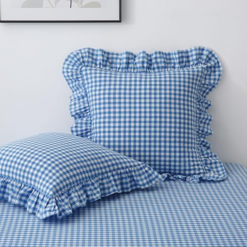 Silnuo 2 Pack Royal Blue/White Gingham Ruffle Throw Pillow Covers 20"x20" by Silnuo