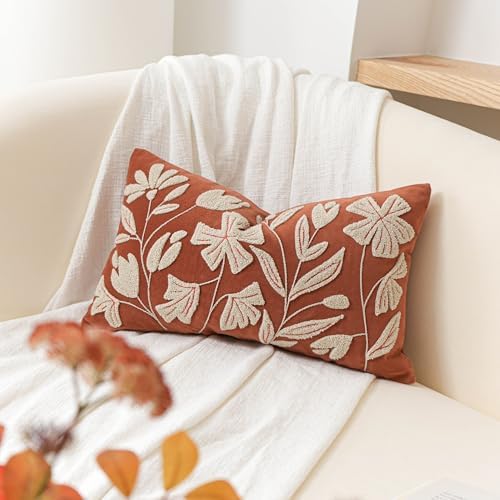 BlissBlush Lumbar Pillow Cover 12x20 Inch, Rust Terracotta Floral Tufted Velvet - Image 5