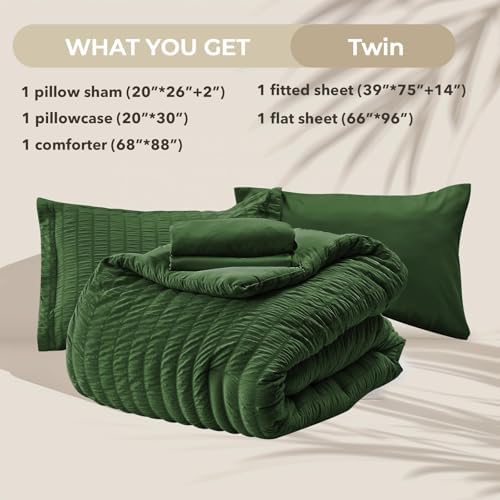 HYMOKEGE Dark Green Twin Comforter Set Seersucker 5 Pieces, All Season Luxury - Image 6
