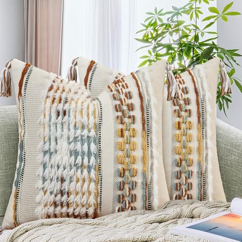 AmHoo Set of 2 Chenille Striped Tufted Textured Boho Throw Pillow Covers by AmHootextile