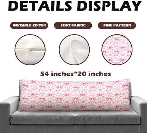 Coquette Pink Bow Floral 20x54 Body Pillow Cover, Preppy Girly Room Decor - Image 2