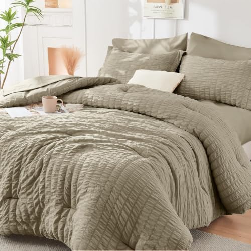 HYMOKEGE Linen Twin XL Comforter Set Seersucker 5 Pieces, All Season Luxury Bed by HYMOKEGE