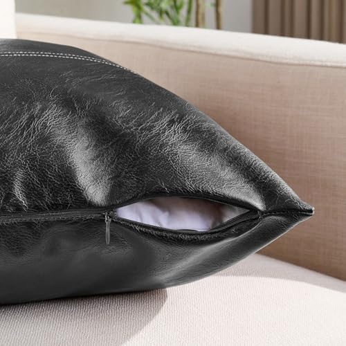 Fancy Homi Black Boho Faux Leather Decorative Throw Pillow Covers 18x18 Inch - Image 3