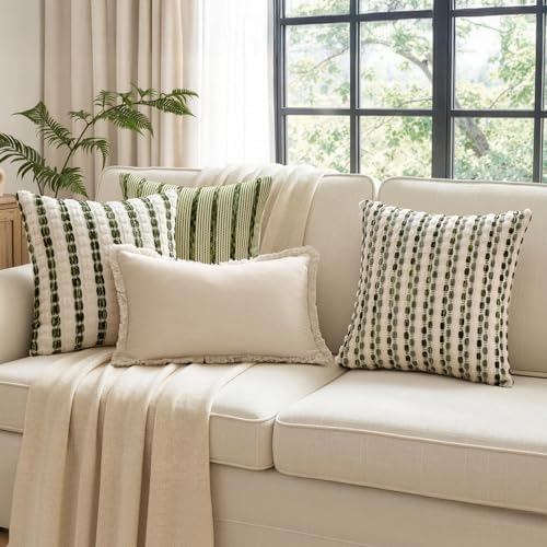 ANRODUO Boho Decorative Pillow Covers Olive Stripe 18x18 Inch Set of 2 - Image 2