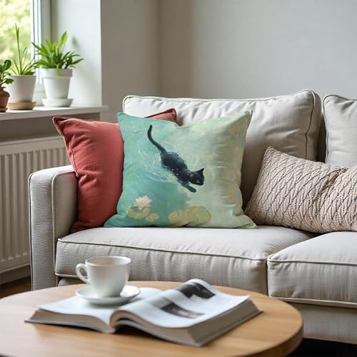 Black Cat Art Painting Throw Pillow Covers 18x18, Aesthetic Cats Decor Pillow - Image 4