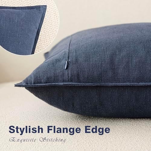 Foindtower Linen Solid Decorative Throw Pillow Covers 22x22 Inch Navy Blue - Image 3