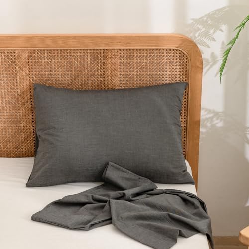 BESTOUCH Washed Cotton Pillowcases Linen Feel Dark Grey Standard - Image 2