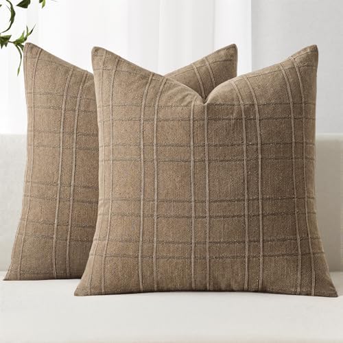 MIULEE Linen Plaid Pillow Covers Fall Decorative Euro 26x26 Light Brown by MIULEE