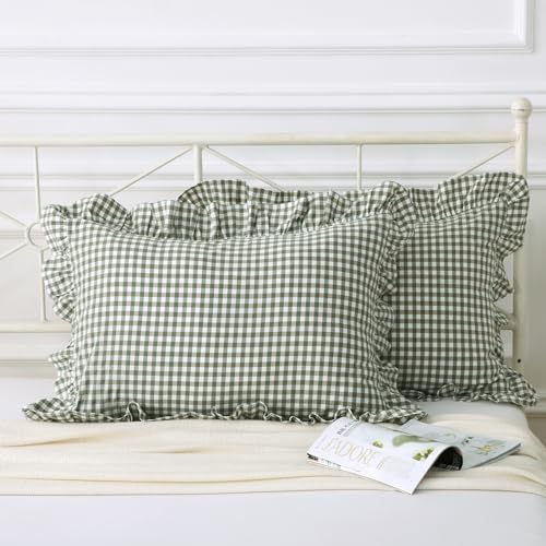 Silnuo Sage Green/White Plaid Ruffled King Size Pillow Shams Set of 2 - Image 3