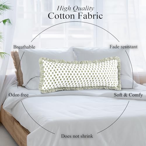 CPC Block Print Lotus Meadow Ruffle Cotton Lumbar Pillow Cover 14x36 inch - Image 7