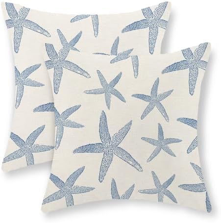 Navy Blue Starfish Pillow Covers 16x16 Set of 2 Coastal Throw Pillows Spring by GOLIANDA