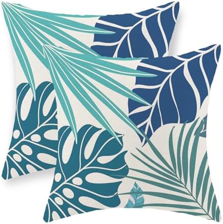 Tropical Pillow Covers 20x20 Set of 2 Navy Blue Aqua Teal Monstera Palm Leaf by GOLIANDA