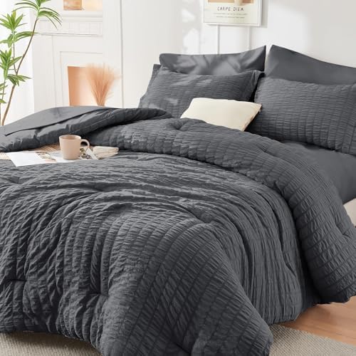 HYMOKEGE Oversized King Comforter Set Seersucker 7 Pieces, All Season Luxury by HYMOKEGE