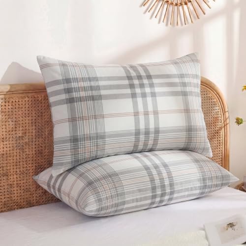Merryword 100% Cotton Pillow Cases, Standard Size, Washed Cotton Coral Plaid - Image 2