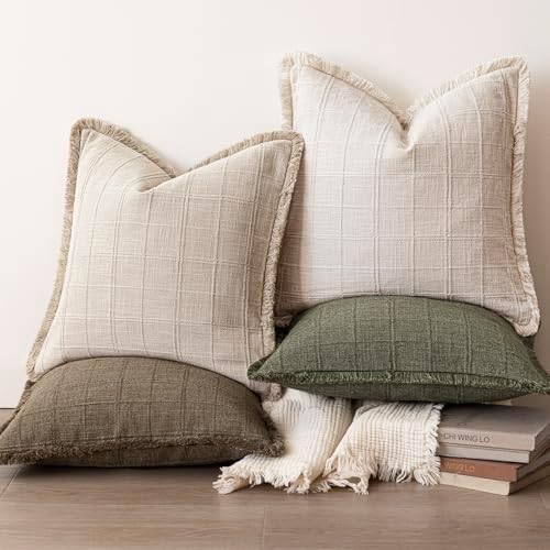 Foindtower Set of 2 Decorative Linen Check Fringe Throw Pillow Covers Farmhouse - Image 6