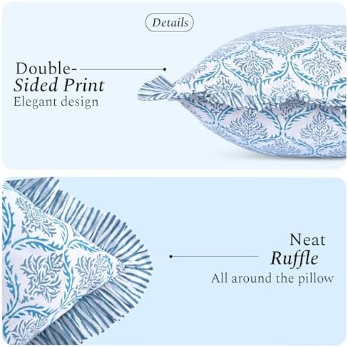 CPC Indigo Regal Hand Block Print 100% Cotton Ruffle Throw Pillow Cover 20x20 - Image 2