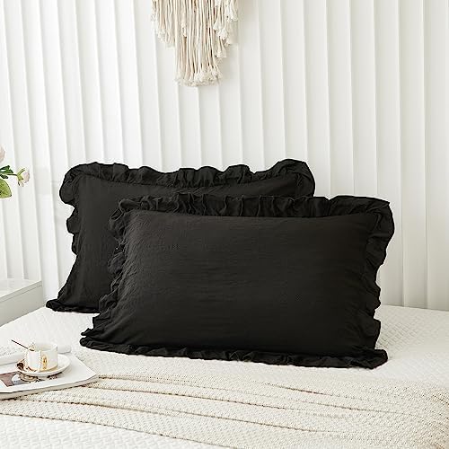 Black Pillow Shams Black Ruffle Queen Pillowcases Cute Pillow Cover Set of 2 - Image 6