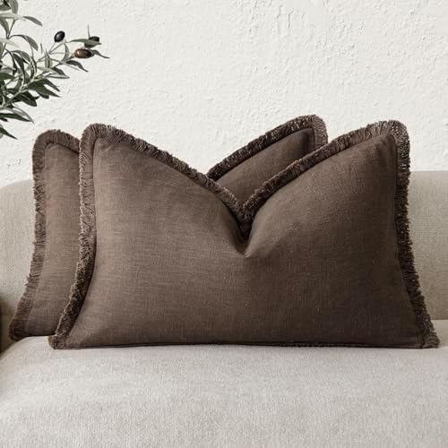 Foindtower Boho Linen Fringe Lumbar Throw Pillow Covers 12×20 Reddish Brown by Foindtower