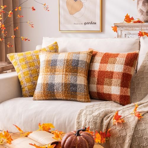 AQOTHES Plaid Fall Throw Pillow Covers Yellow Blue 18x18 Inch Set of 2 - Image 5