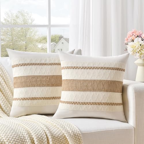 Fancy Homi Set of 2 Boho Neutral Decorative Throw Pillow Cover 18x18 Inch by Fancy+Homi
