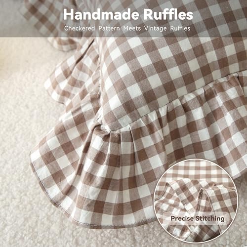 Gingham Throw Pillow Covers 22 x22, Warm Taupe/White, Ruffle Trim - Image 5