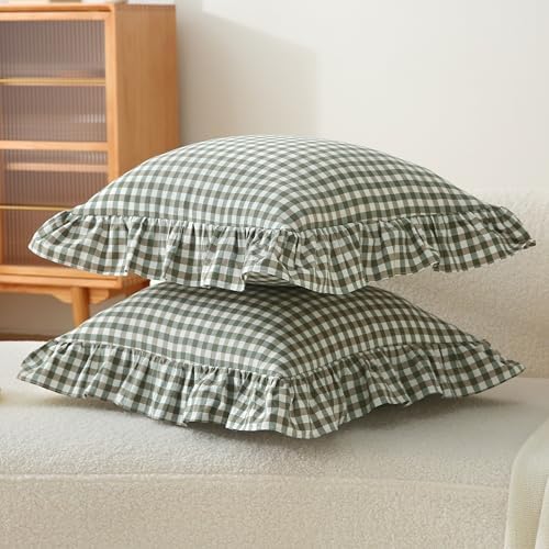 Gingham Throw Pillow Covers 22 x22, Sage Green/White, Ruffle Trim - Image 7