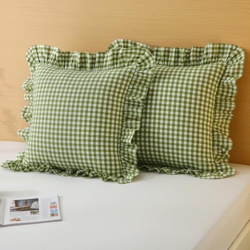 Silnuo Olive Green/White Gingham Plaid Ruffle Throw Pillow Covers 20"x20" - Image 2