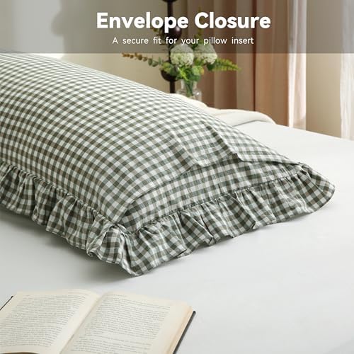 Sage Green Gingham Body Pillow Cover 20x54, Ruffled Cotton Sham - Image 6
