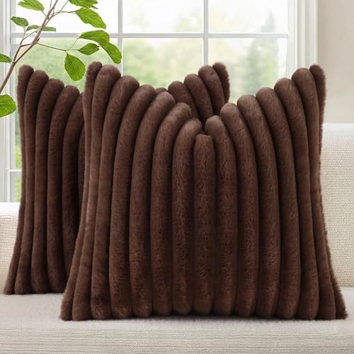 decorUhome Fall Faux Fur Throw Pillow Covers 16x16 Set of 2 Dark Brown by decorUhome