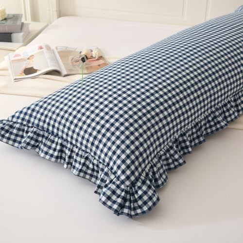 Silnuo Navy Blue/White Gingham Plaid Ruffled Body Pillow Cover 20"x54" - Image 3