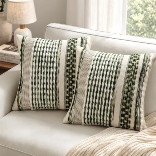 ANRODUO Boho Decorative Pillow Covers Plush Olive Green 18x18 Pack of 2 - Image 3
