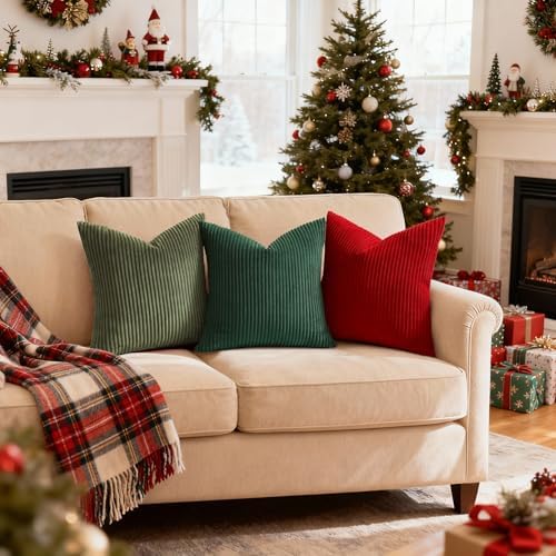 Mecatny Soft Corduroy Throw Pillow Covers 24x24 Set of 2 Christmas Green - Image 3