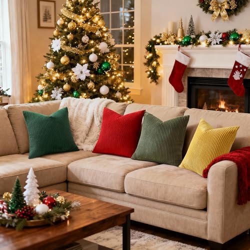 Mecatny Soft Corduroy Throw Pillow Covers 24x24 Set of 2 Christmas Green - Image 4