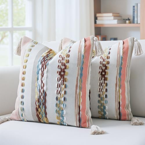 PANOD Chenille Farmhouse Throw Pillow Covers 16 x 16 Red Brown, Neutral Boucle by PANOD