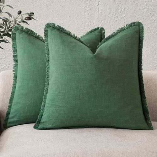 Foindtower Decorative Linen Fringe Throw Pillow Covers 24×24 Pine Green by Foindtower