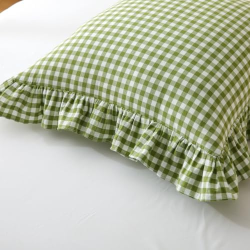 Silnuo Olive Green/White Gingham Plaid Ruffle Throw Pillow Covers 20"x20" - Image 4