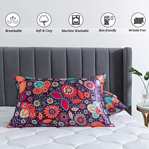 Floral Printed Satin Pillowcase, Queen Cooling Pillow Cases Set of 2 - Image 2