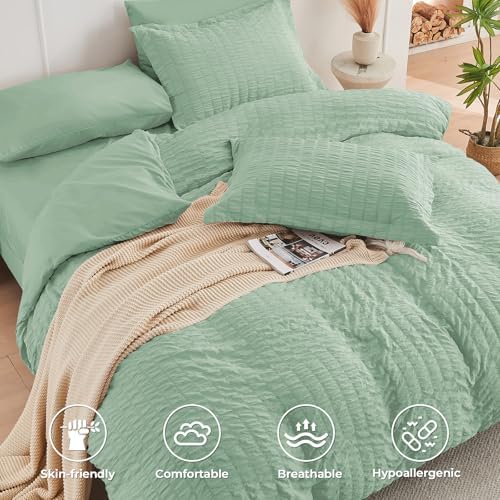 HYMOKEGE Sage Green Oversized King Comforter Set Seersucker 7 Pieces, All - Image 3