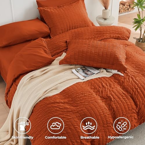 HYMOKEGE Burnt Orange Oversized King Comforter Set Seersucker 7 Pieces - Image 3
