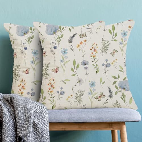 Spring Pillow Covers 18x18 Inch Set of 2, Sage Green Blue Wild Flower Throw - Image 2