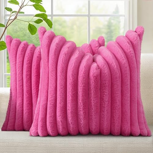 decorUhome Fall Faux Fur Throw Pillow Covers 18x18 Set of 2 Hot Pink by decorUhome