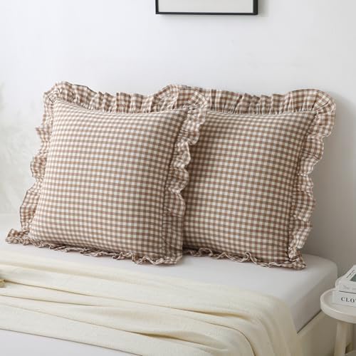 Gingham Throw Pillow Covers 24x24, Warm Taupe White by Jilboo