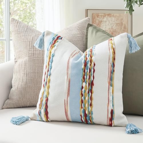 PANOD Chenille Farmhouse Throw Pillow Covers 18 x 18 Blue Brown, Neutral Boucle - Image 5