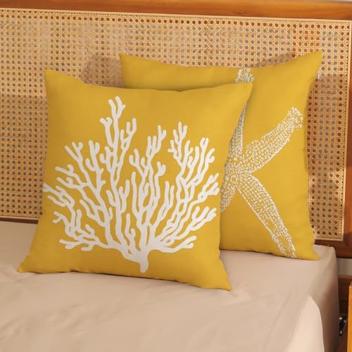 Coastal Pillow Covers 18x18 Inch Set of 2 Yellow Coral Starfish Throw Pillows - Image 2