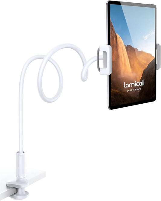 Lamicall Gooseneck Tablet Mount Holder for Bed Flexible Tablet Arm Clamp for Bed Compatible with Pad Pro 10.5, Air 9.7, Mini 7.9, Galaxy Tabs, Switch, More 4.7-11" Device - White