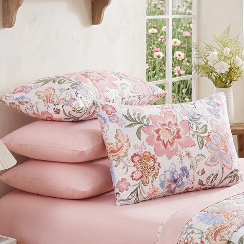 Bedorm Pink Floral Pillow Cases Set of 2 Cotton Pillow Cover King Size Flower - Image 2